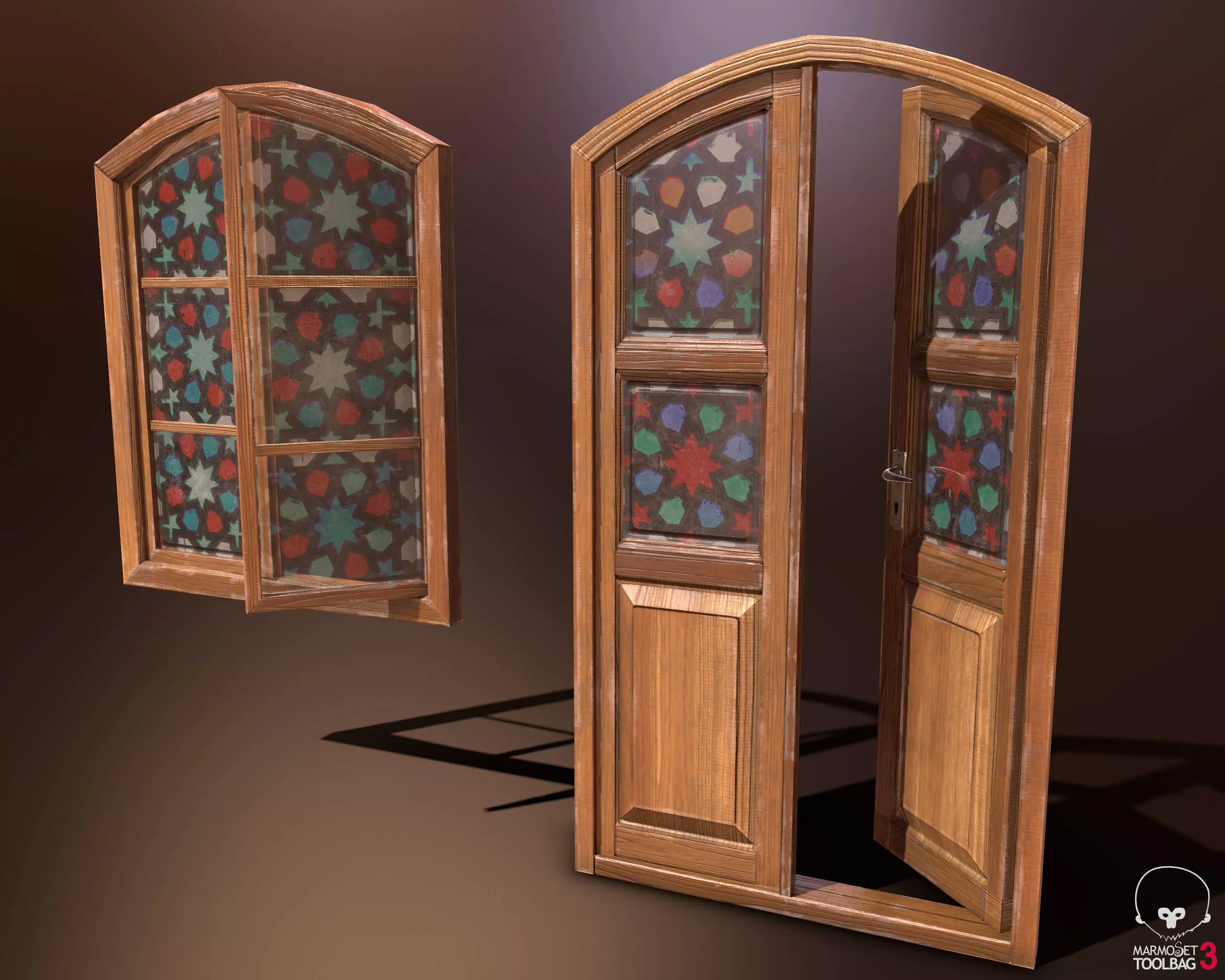 Old Wooden Door and Window Low poly PBR Low-poly 3D model_0