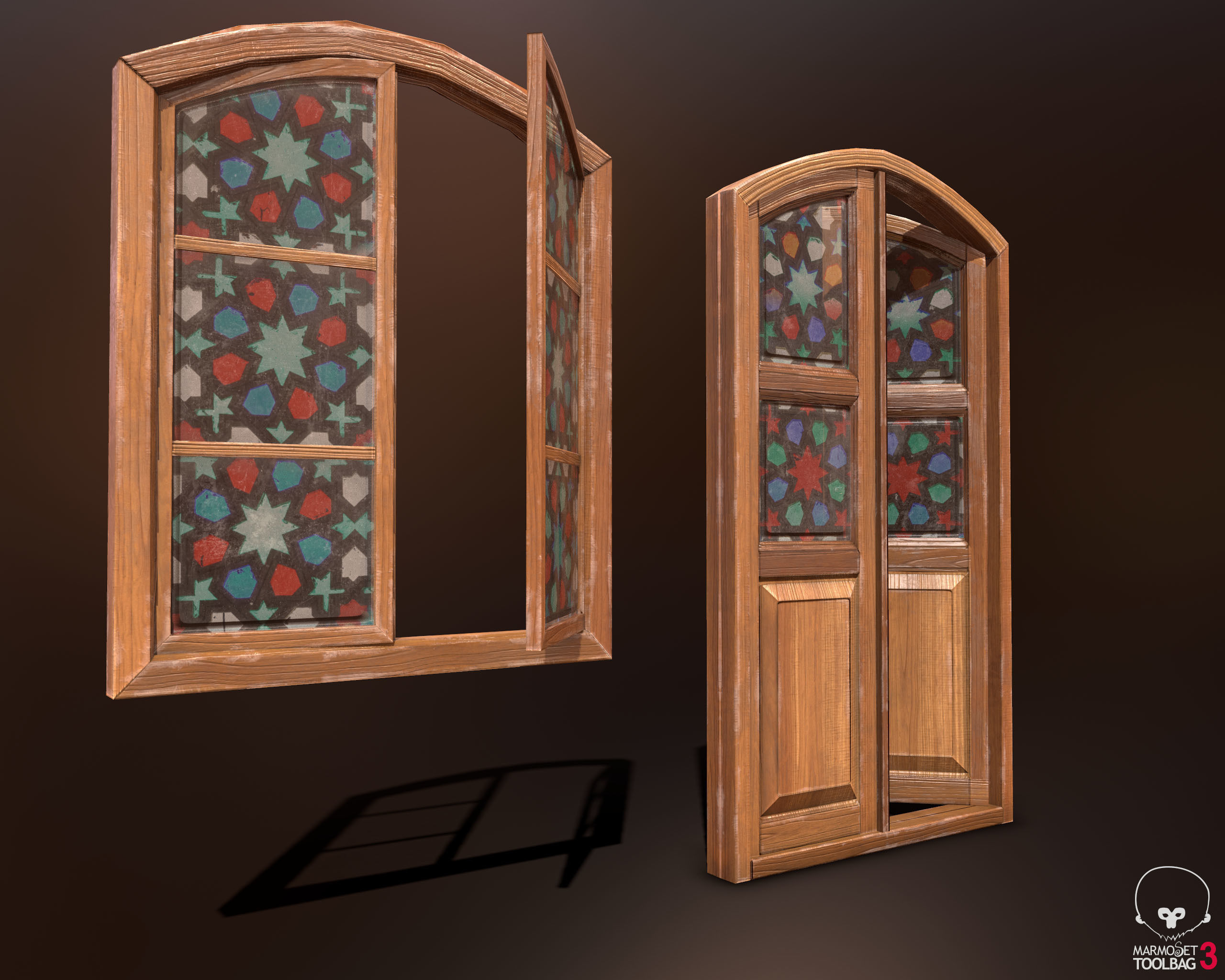 Old Wooden Door and Window Low poly PBR Low-poly 3D model_1