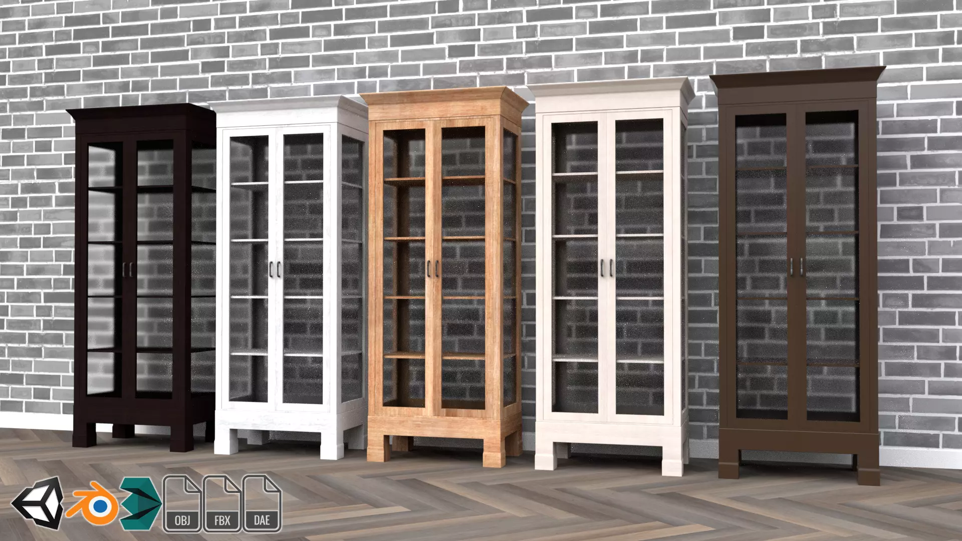 Cabinet tall wooden bookcase with shelves Low-poly 3D model_0
