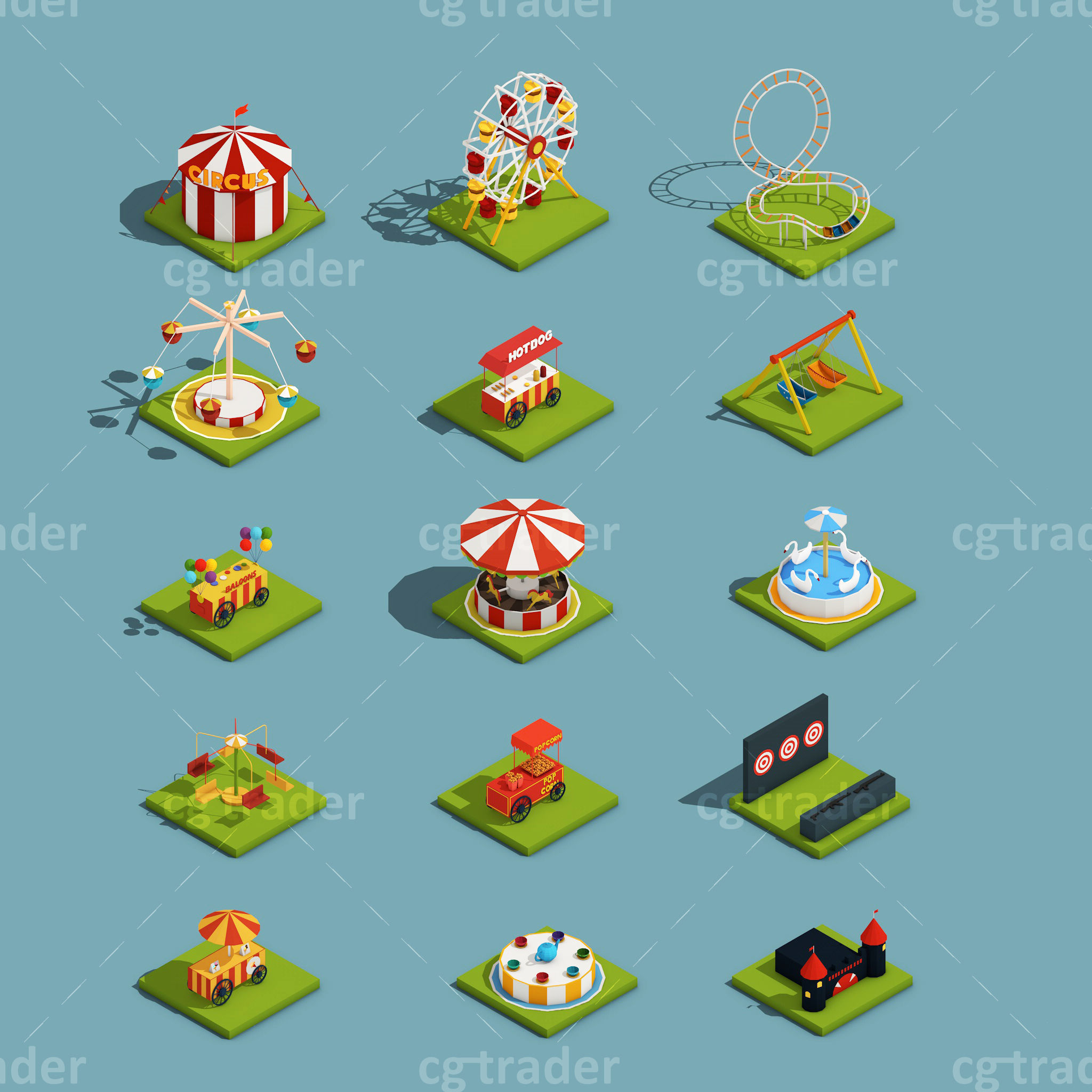 Low Poly Amusement Park Isometric Icon Low-poly 3D model_1