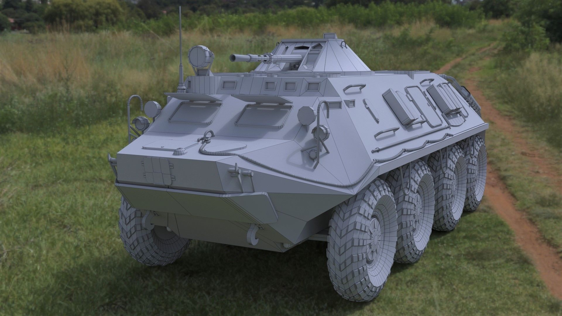 BTR-60 high-poly armored vehicle on grassy field 3D model_2