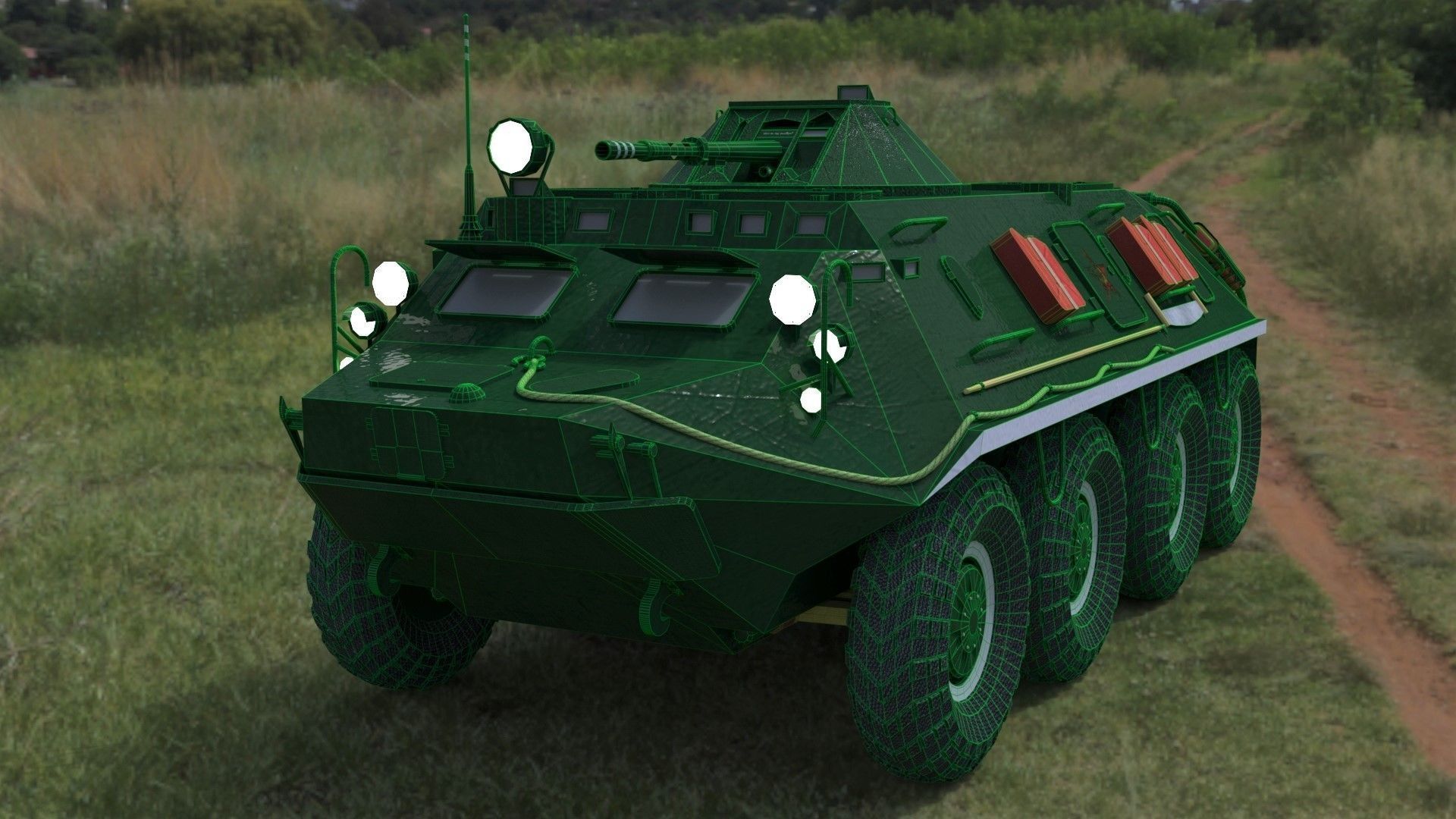 BTR-60 high-poly armored vehicle on grassy field 3D model_1