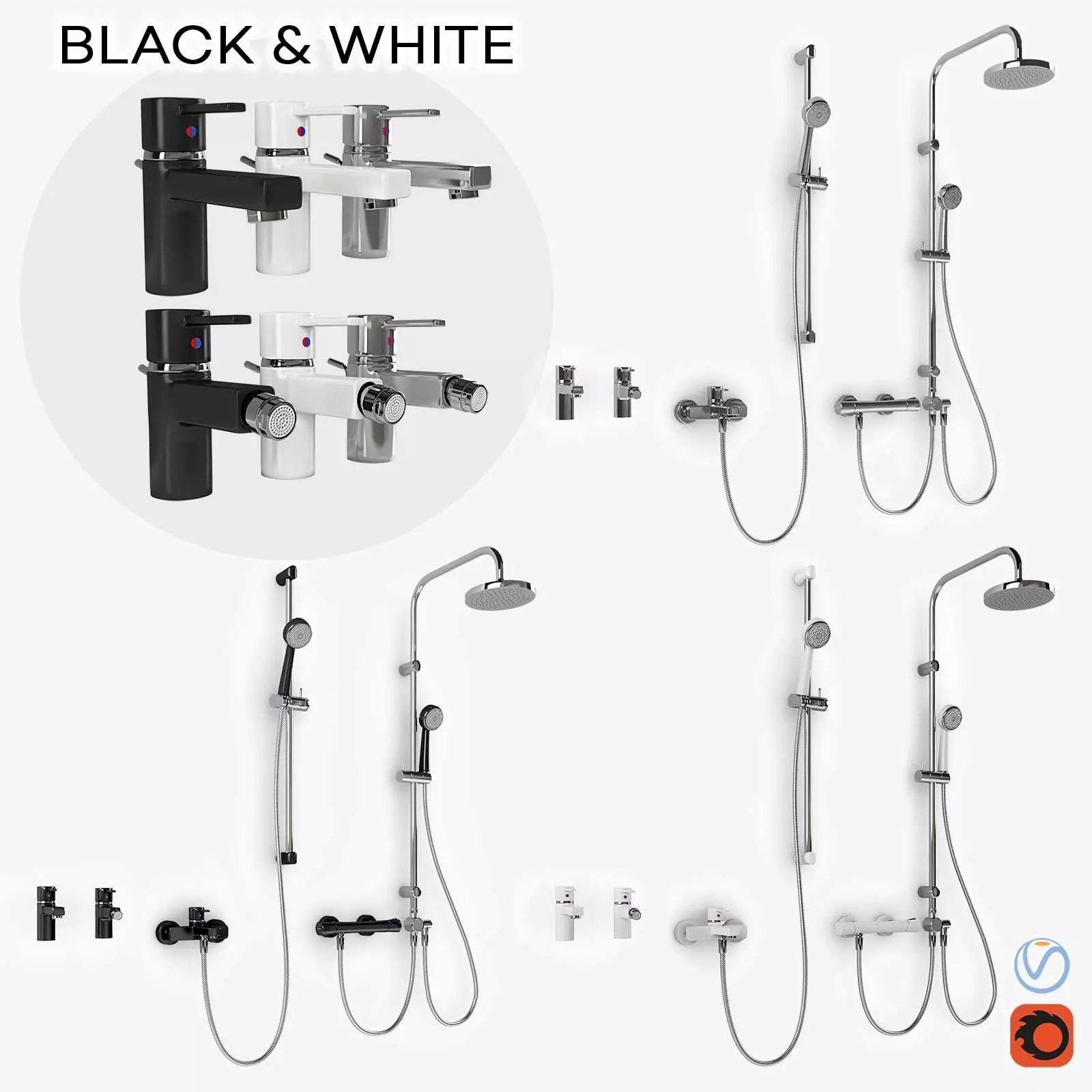 Bathroom mixer set BLACK and WHITE 3D model_0