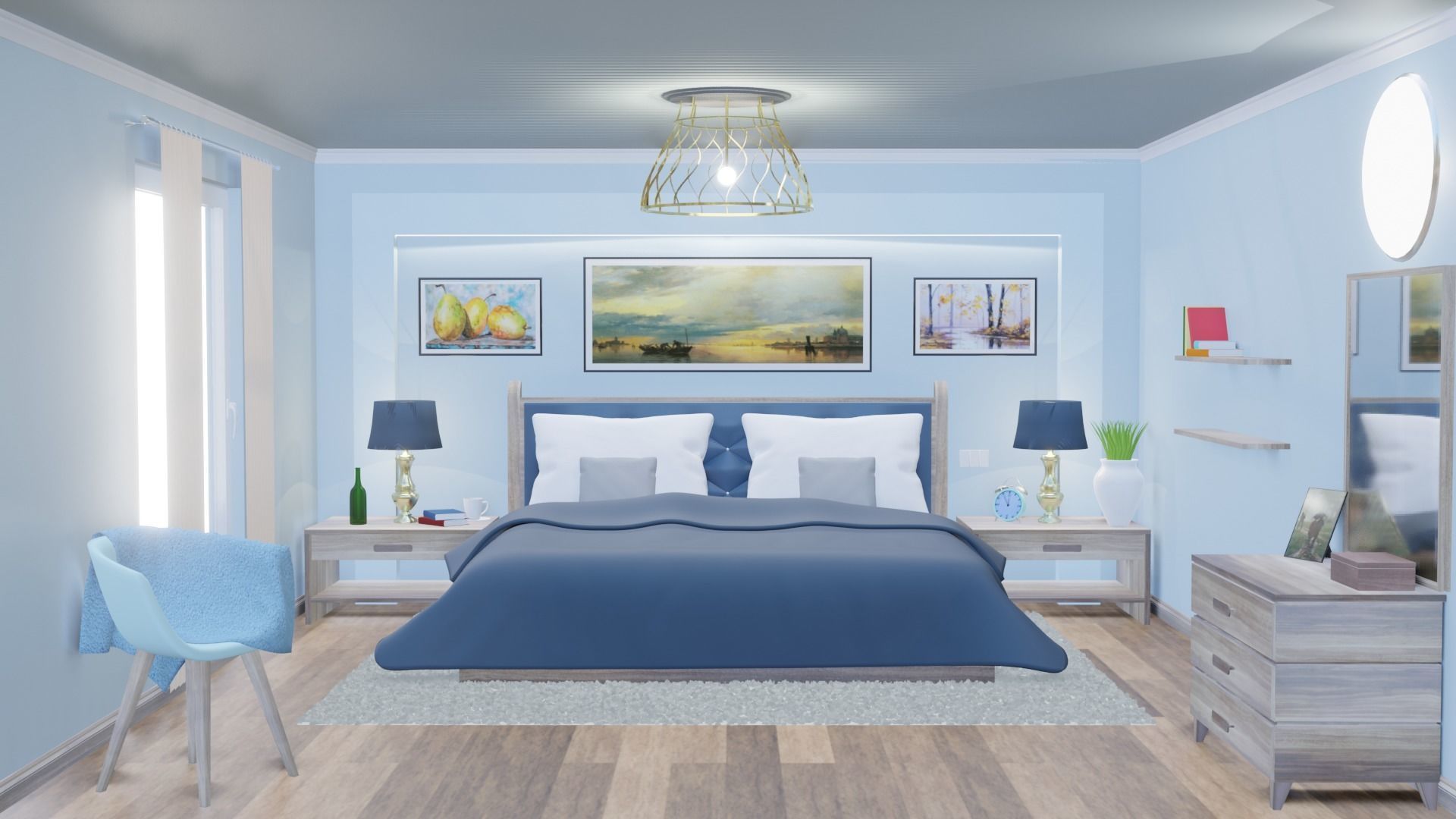 Bedroom with walls and furniture 3D model_1