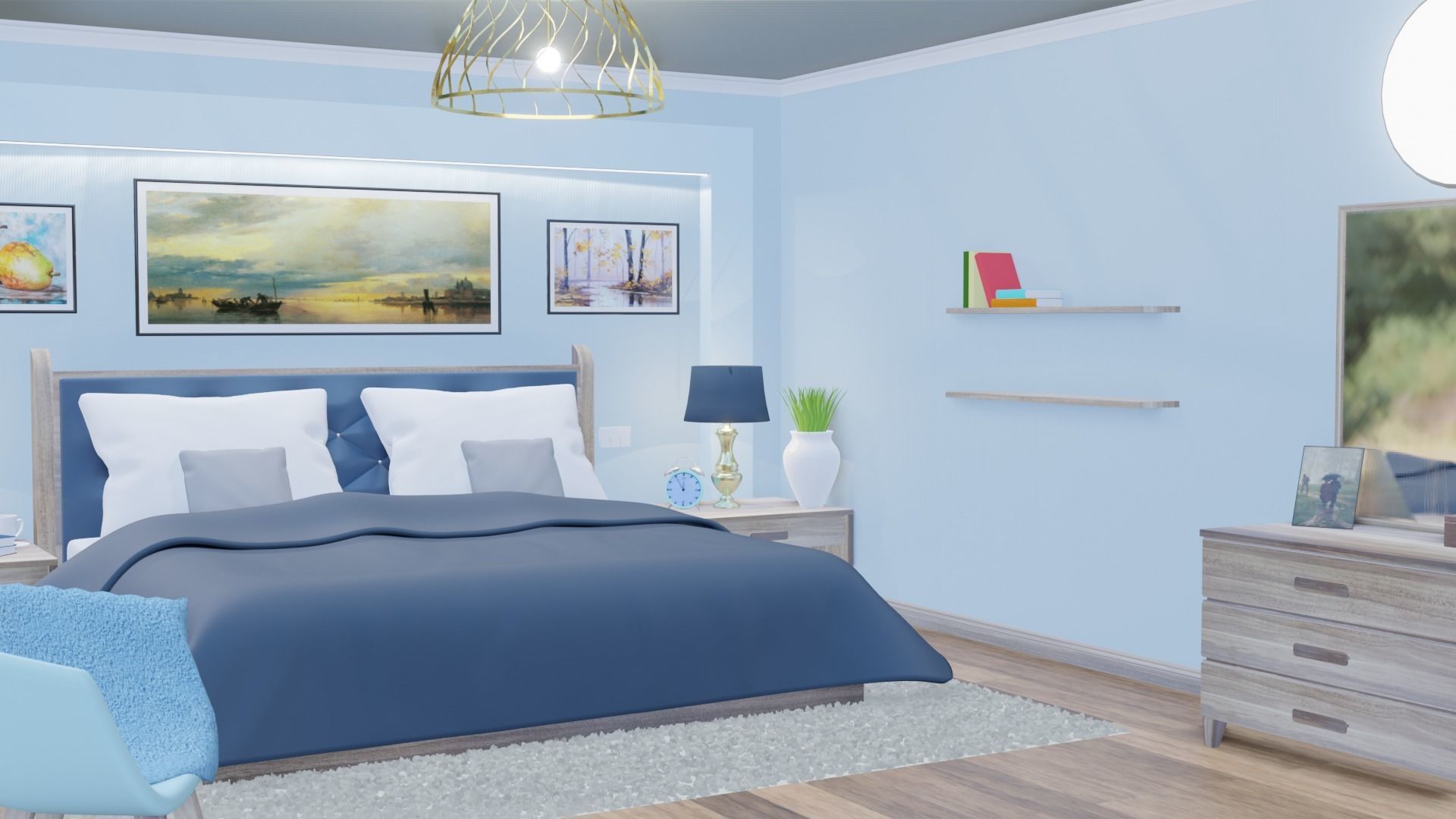 Bedroom with walls and furniture 3D model_2