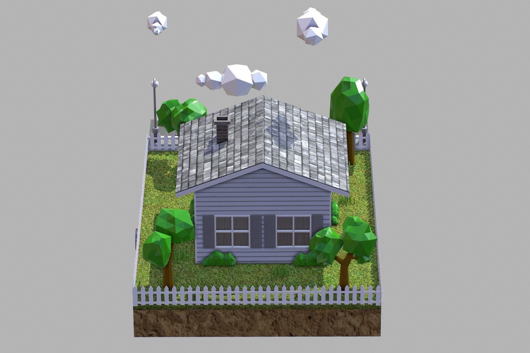 Low Poly House with fence Low-poly 3D model_9