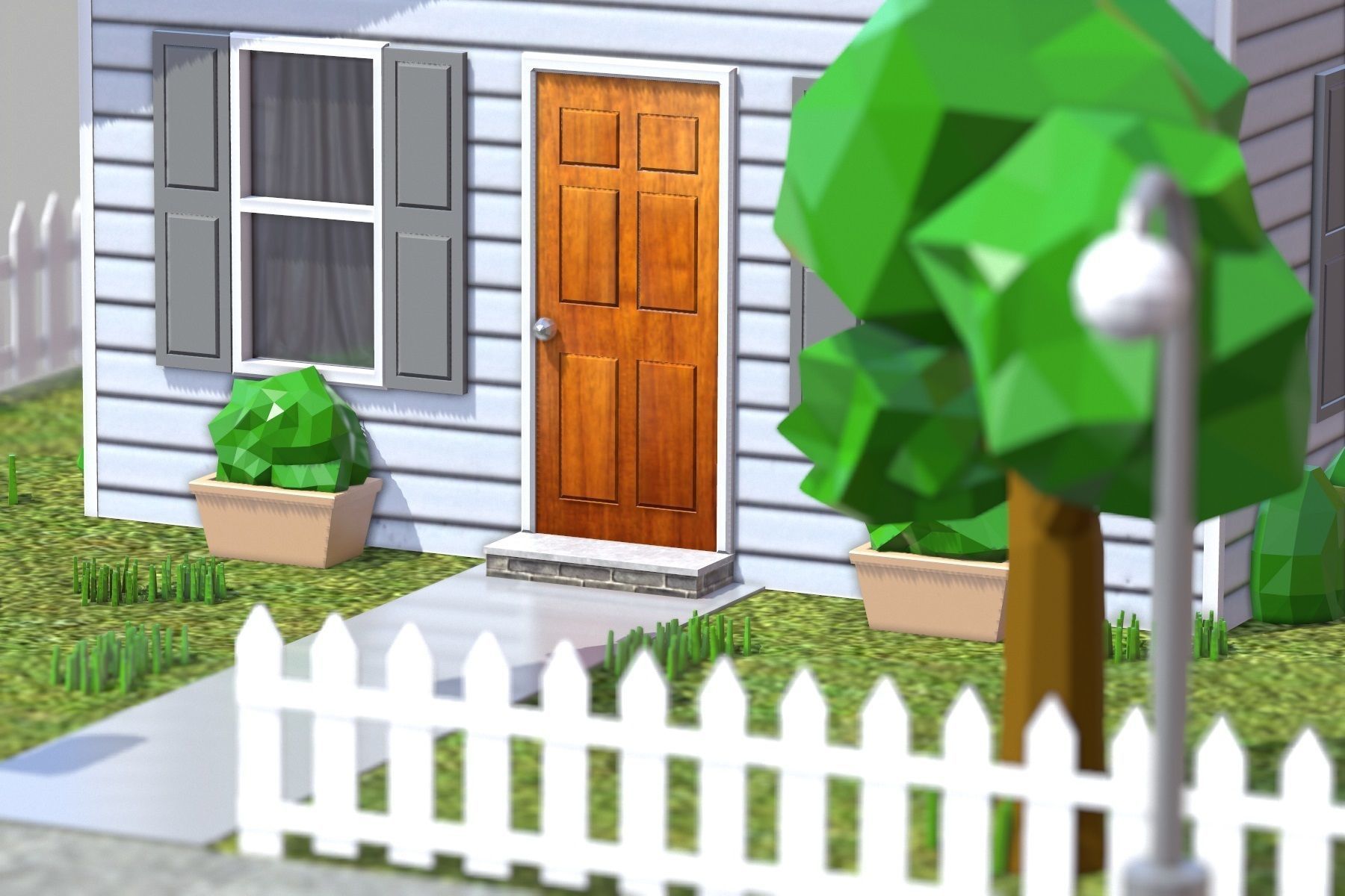 Low Poly House with fence Low-poly 3D model_10