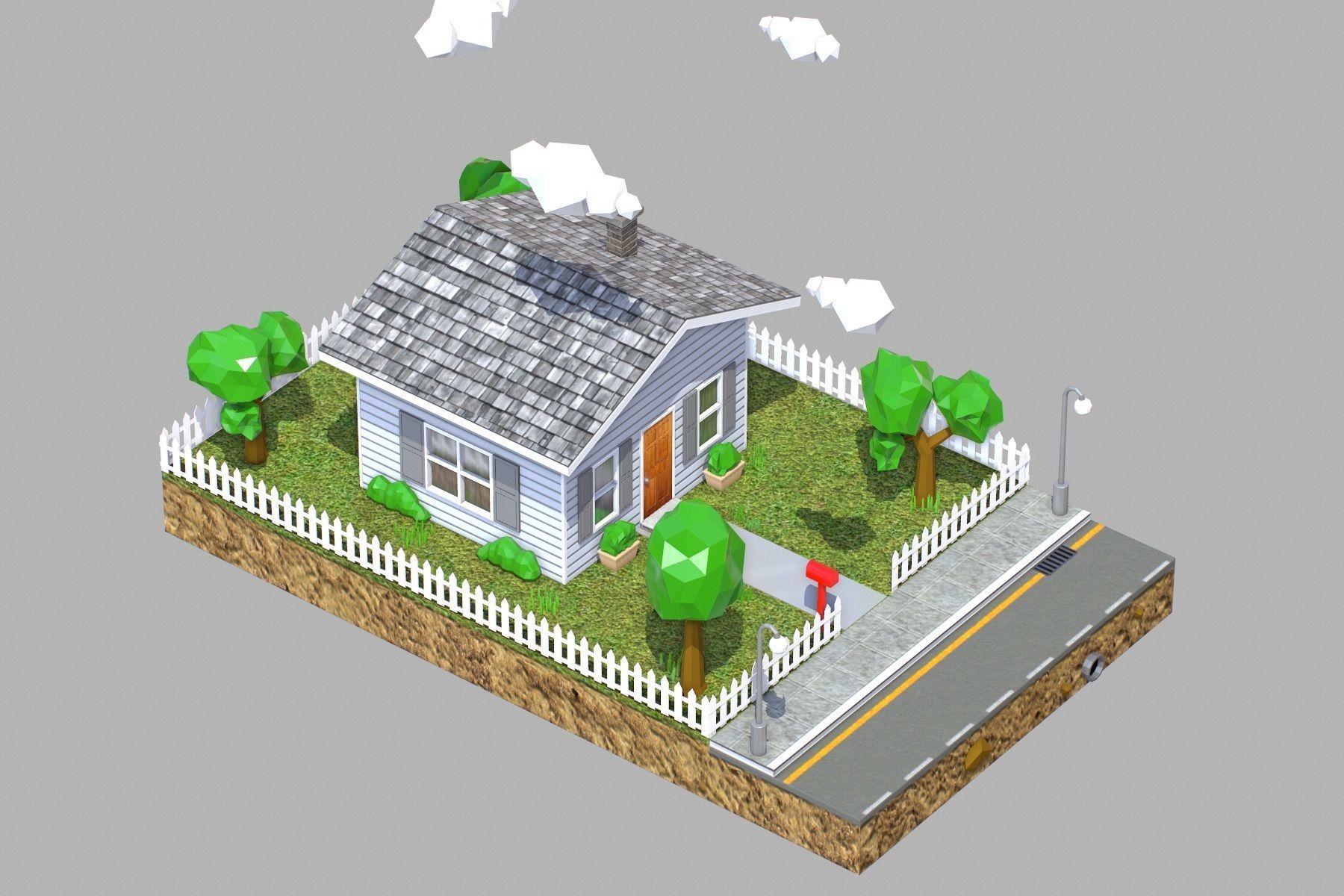 Low Poly House with fence Low-poly 3D model_3