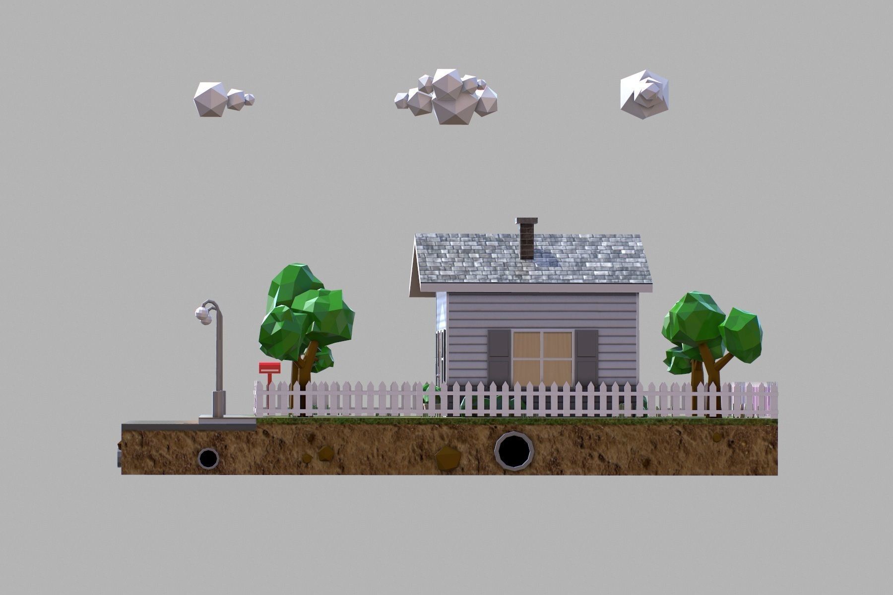 Low Poly House with fence Low-poly 3D model_6