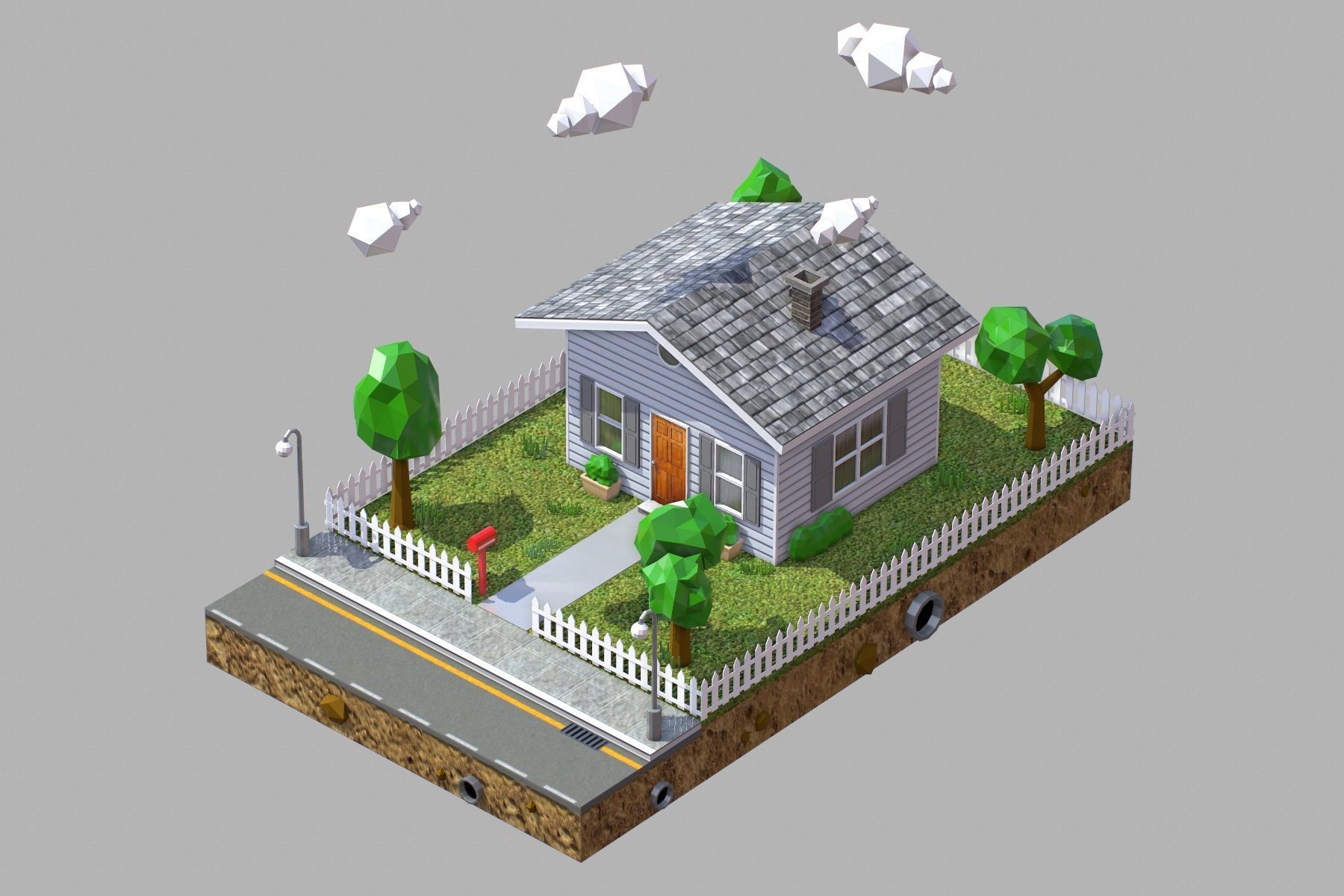 Low Poly House with fence Low-poly 3D model_2