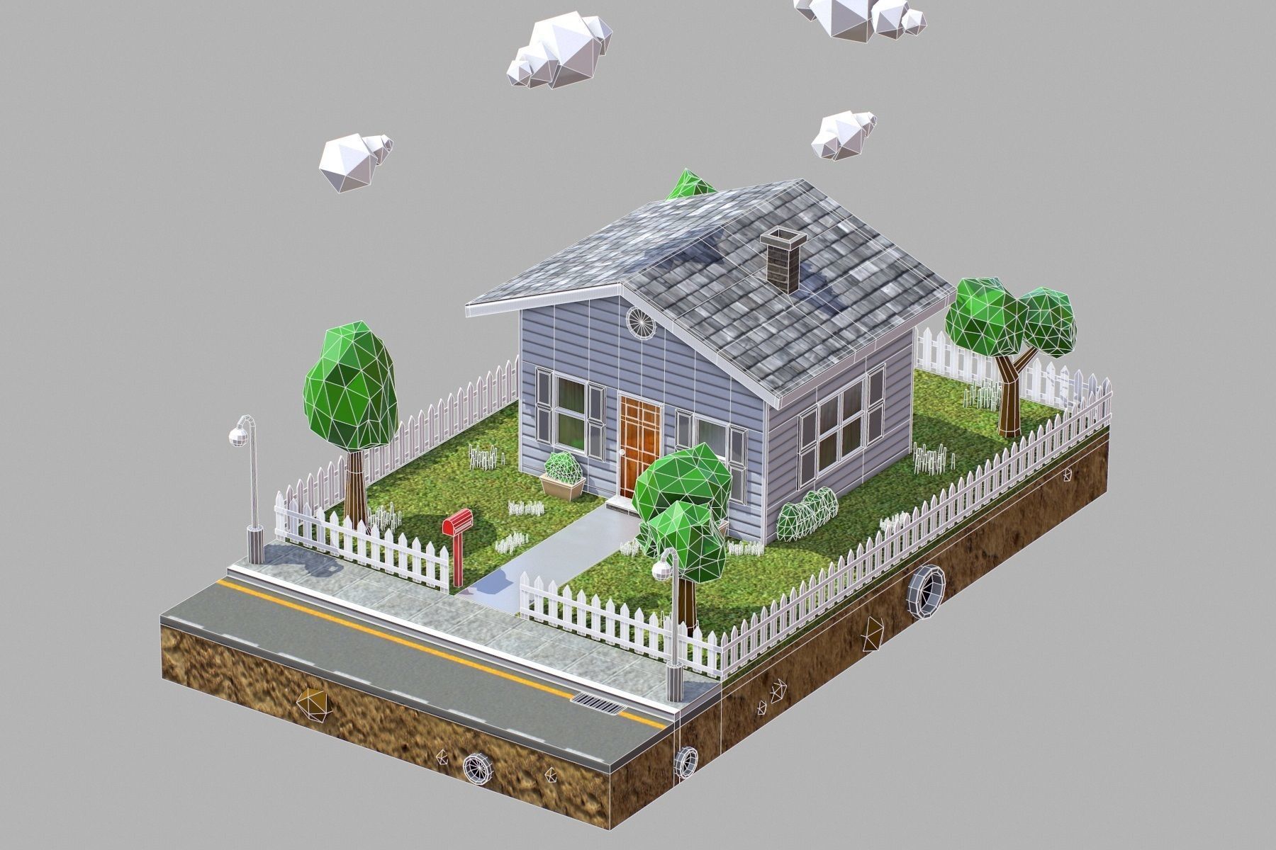 Low Poly House with fence Low-poly 3D model_16