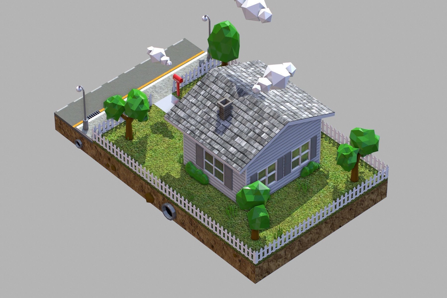 Low Poly House with fence Low-poly 3D model_5
