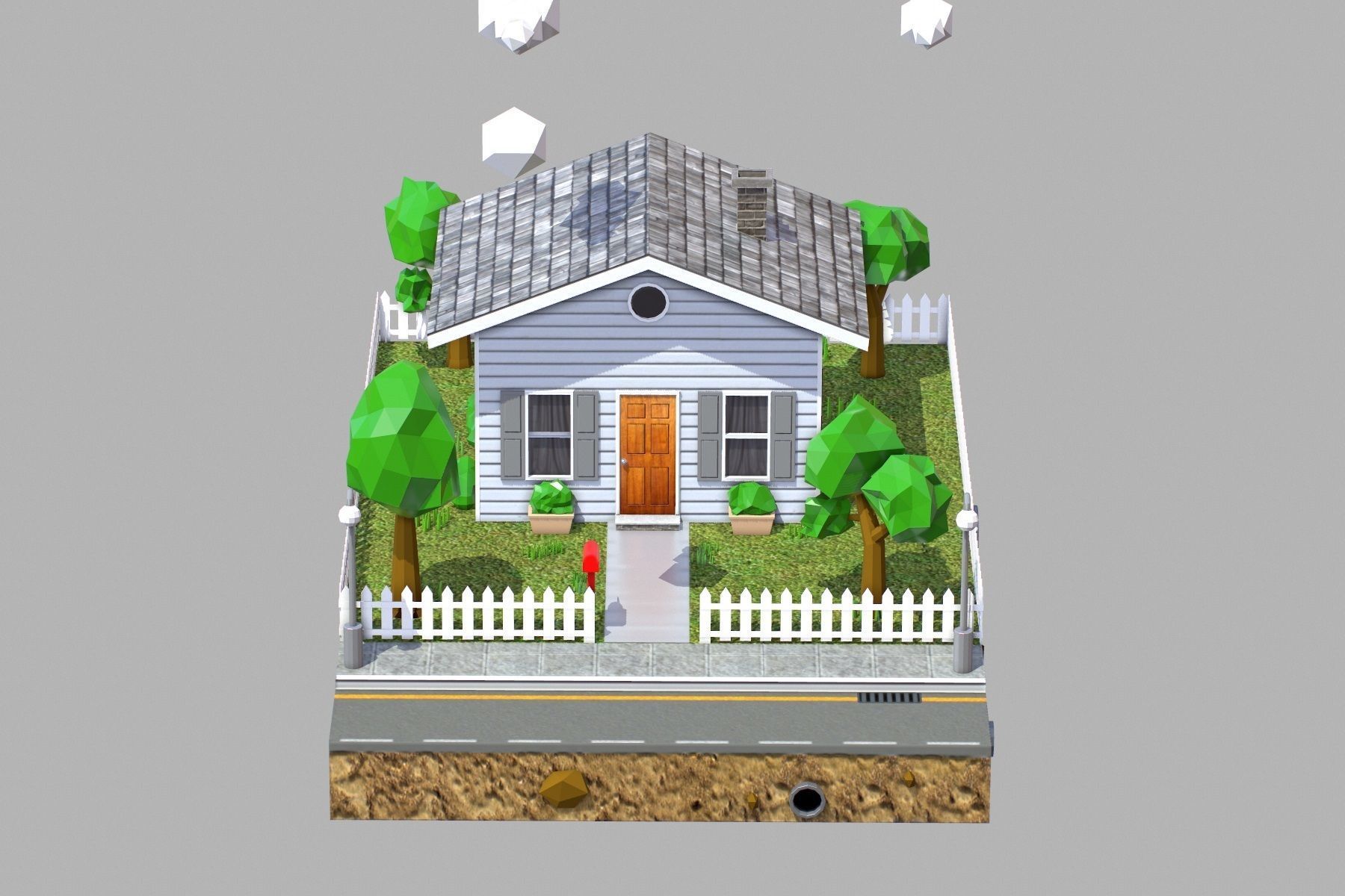 Low Poly House with fence Low-poly 3D model_7
