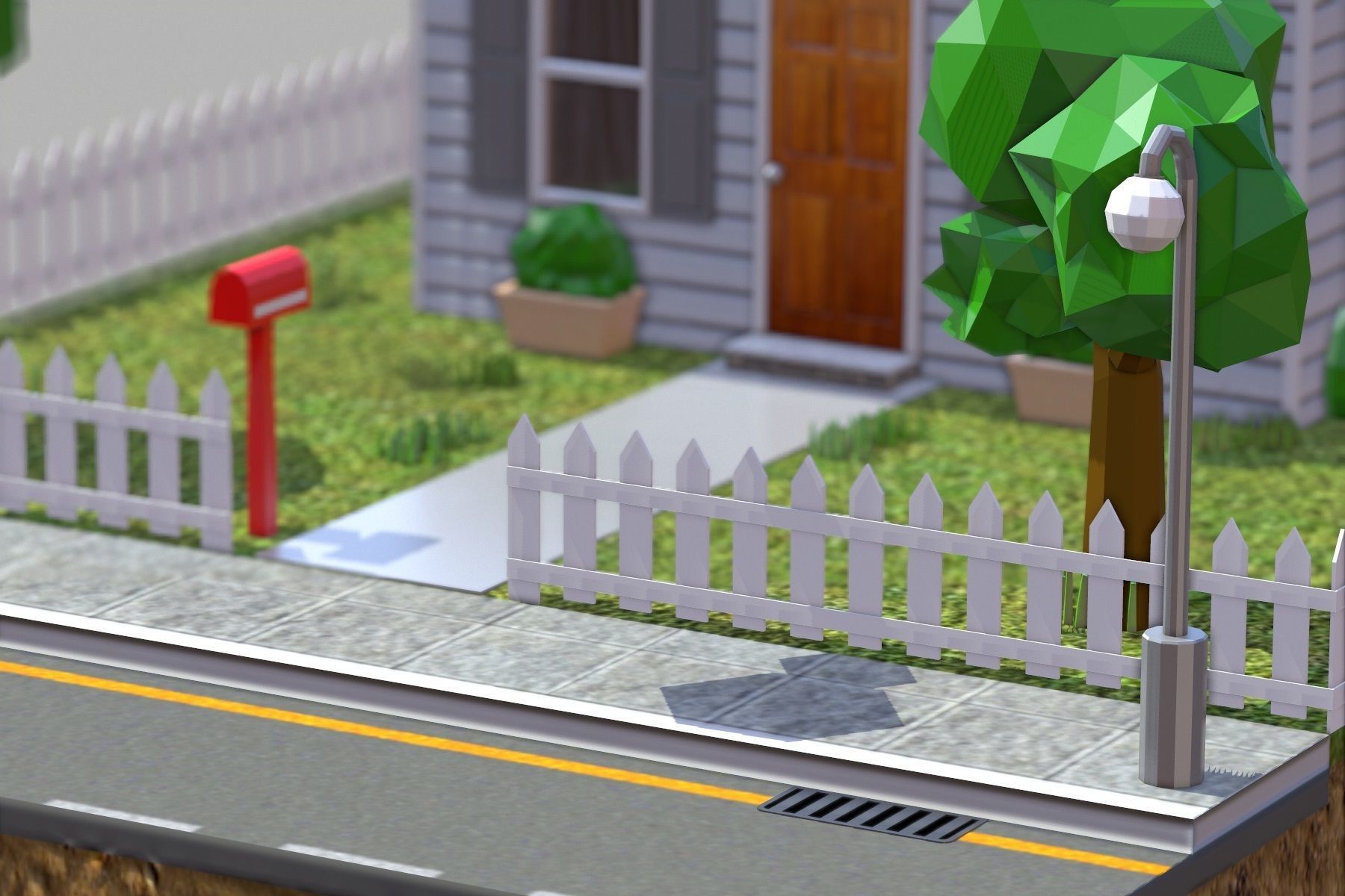 Low Poly House with fence Low-poly 3D model_15