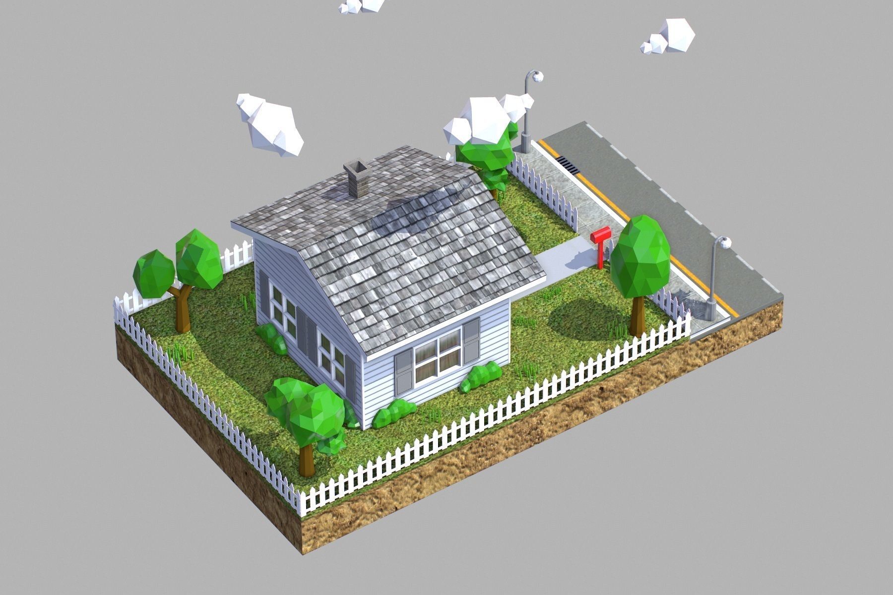Low Poly House with fence Low-poly 3D model_4