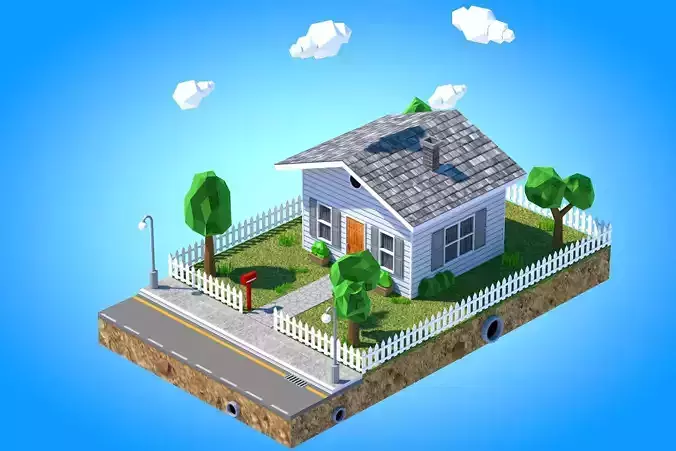 Low Poly House with fence Low-poly 3D model
