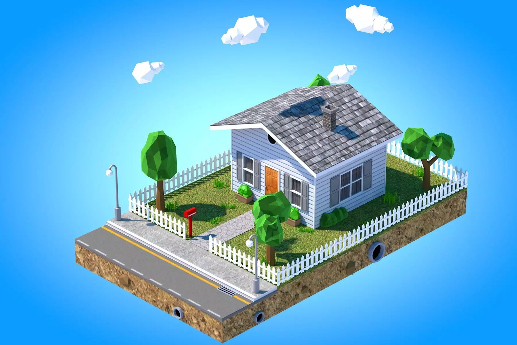 Low Poly House with fence Low-poly 3D model_0