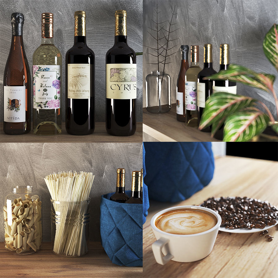 kitchen set shelf with baskets and wine bottles 3D model_4