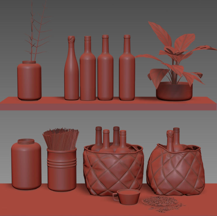 kitchen set shelf with baskets and wine bottles 3D model_5