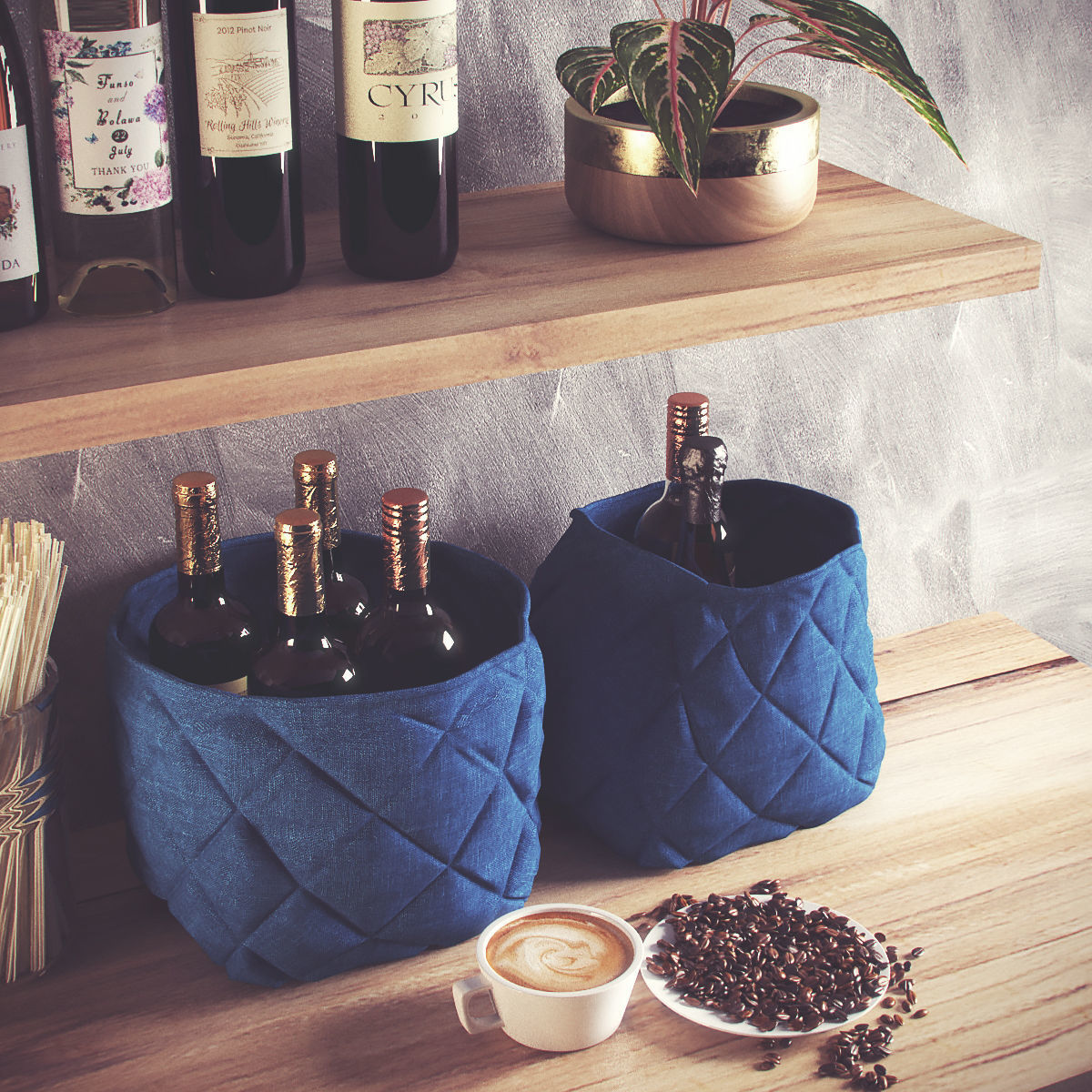 kitchen set shelf with baskets and wine bottles 3D model_1