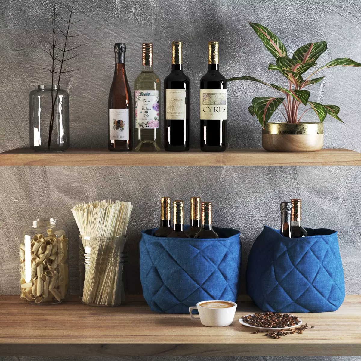 kitchen set shelf with baskets and wine bottles 3D model_0