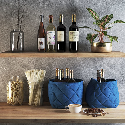 kitchen set shelf with baskets and wine bottles 3D model