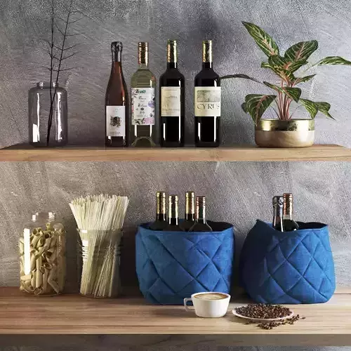 kitchen set shelf with baskets and wine bottles 3D model