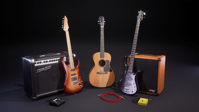 Low poly guitar collection two electric guitars 