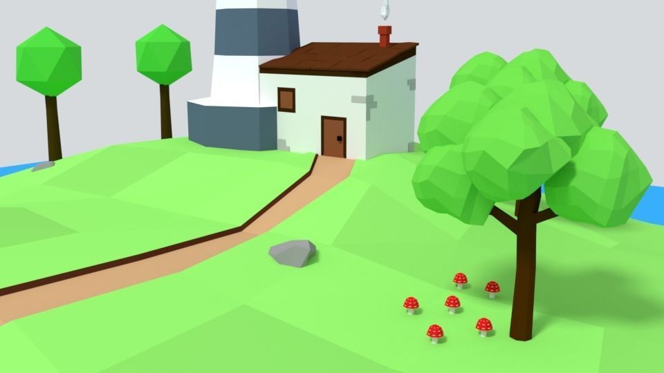 Low Poly Cartoon Lighthouse Island Scene Low-poly 3D model_8