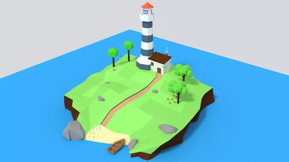 Low Poly Cartoon Lighthouse Island Scene Low-poly 3D model_0