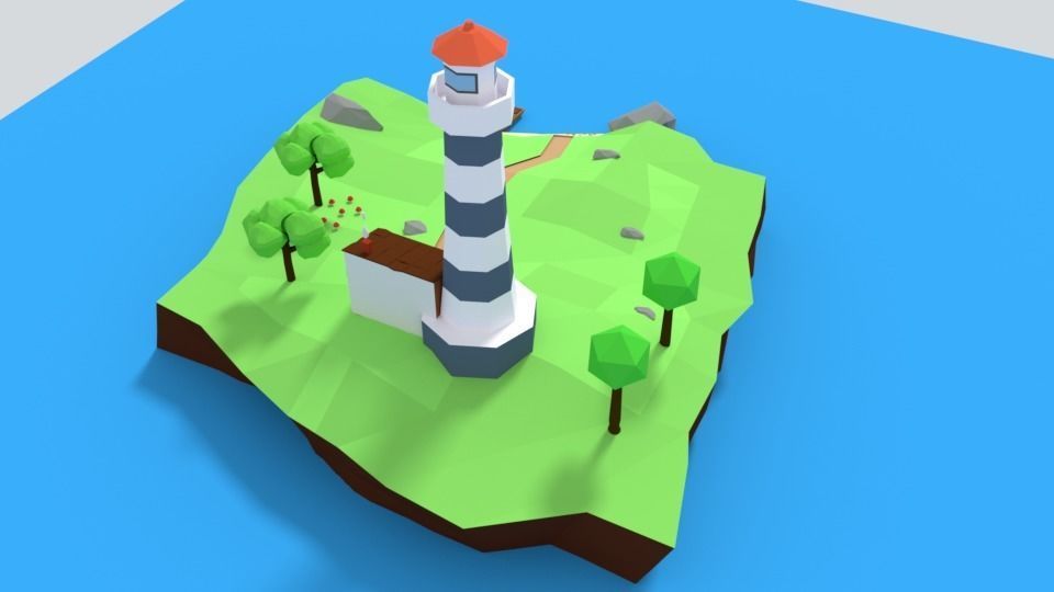 Low Poly Cartoon Lighthouse Island Scene Low-poly 3D model_4