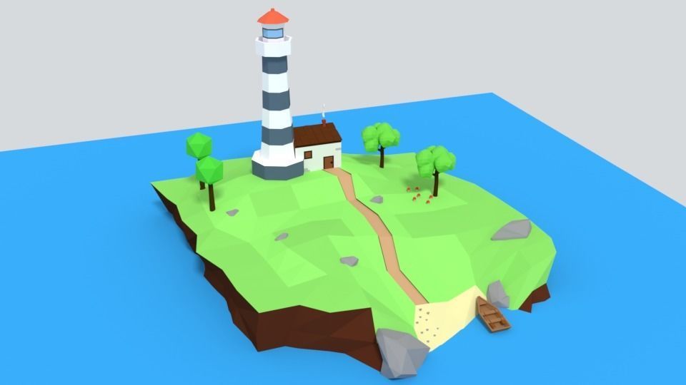 Low Poly Cartoon Lighthouse Island Scene Low-poly 3D model_2