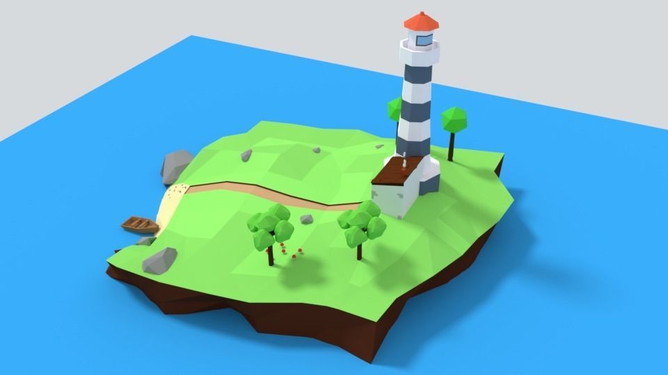 Low Poly Cartoon Lighthouse Island Scene Low-poly 3D model_5