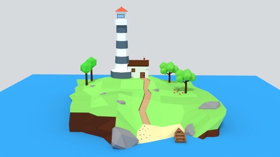 Low Poly Cartoon Lighthouse Island Scene Low-poly 3D model_1