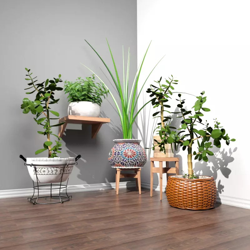 Stool and Pots with Plants 3D model_0