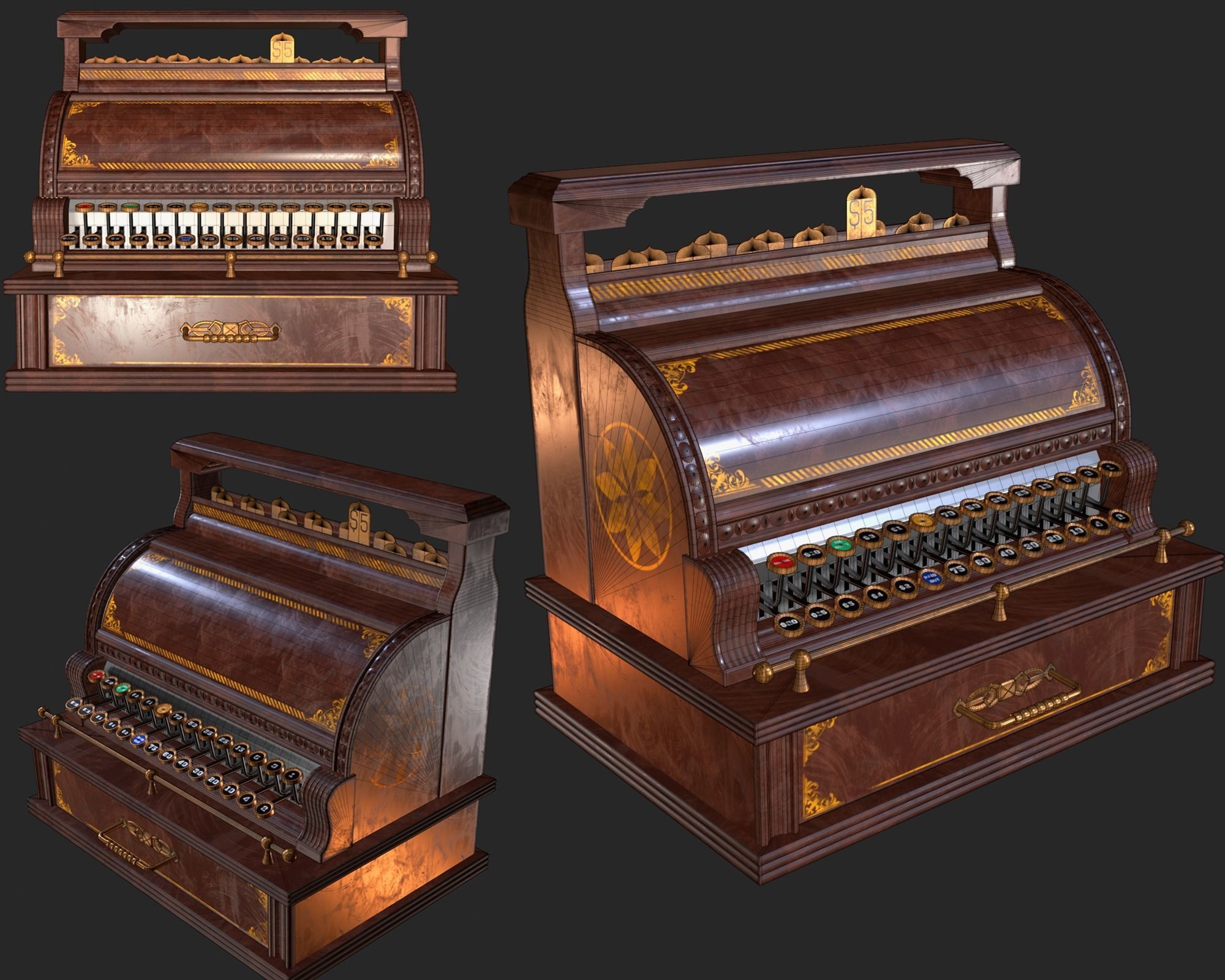 Old Antique Cash Register PBR Low-poly 3D model_6
