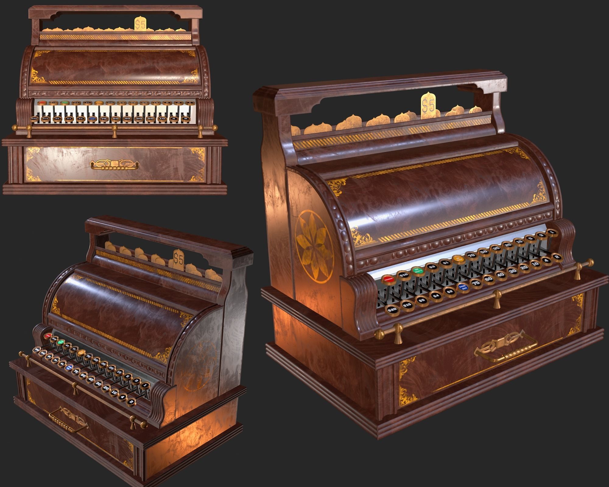 Old Antique Cash Register PBR Low-poly 3D model_4