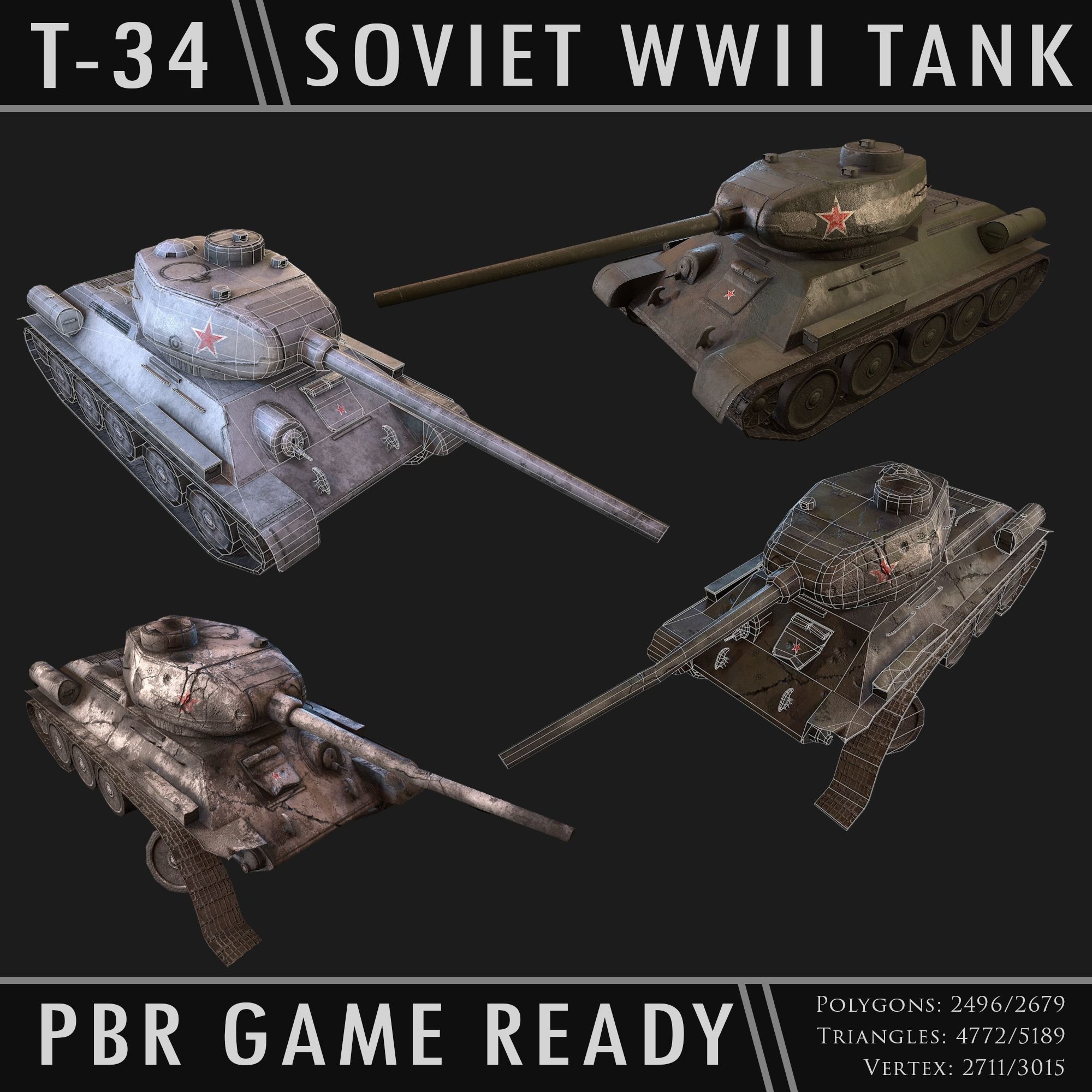 Soviet T-34 WWII Tank Low-poly 3D model_0