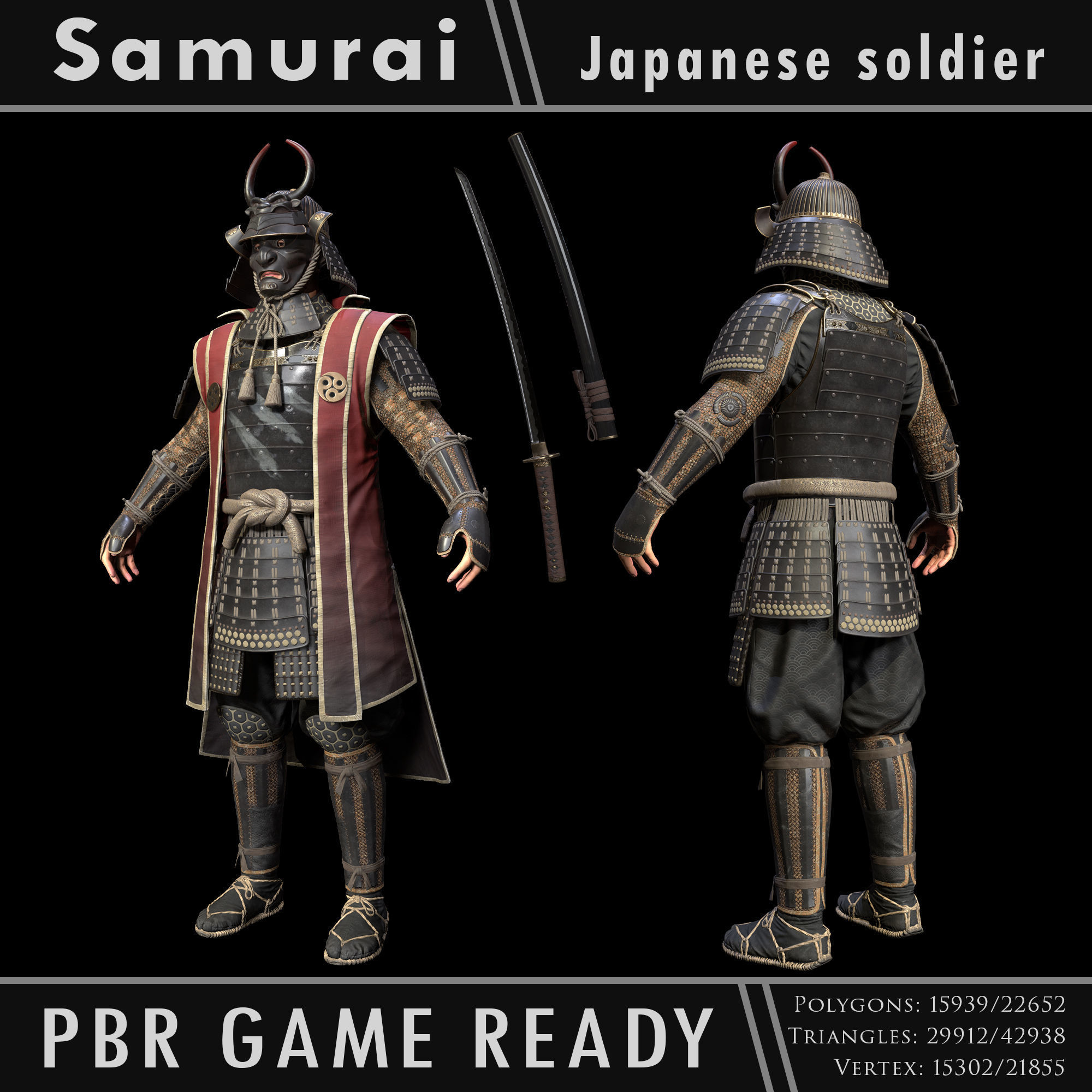 Samurai Character PBR Game ready Low-poly 3D model_0