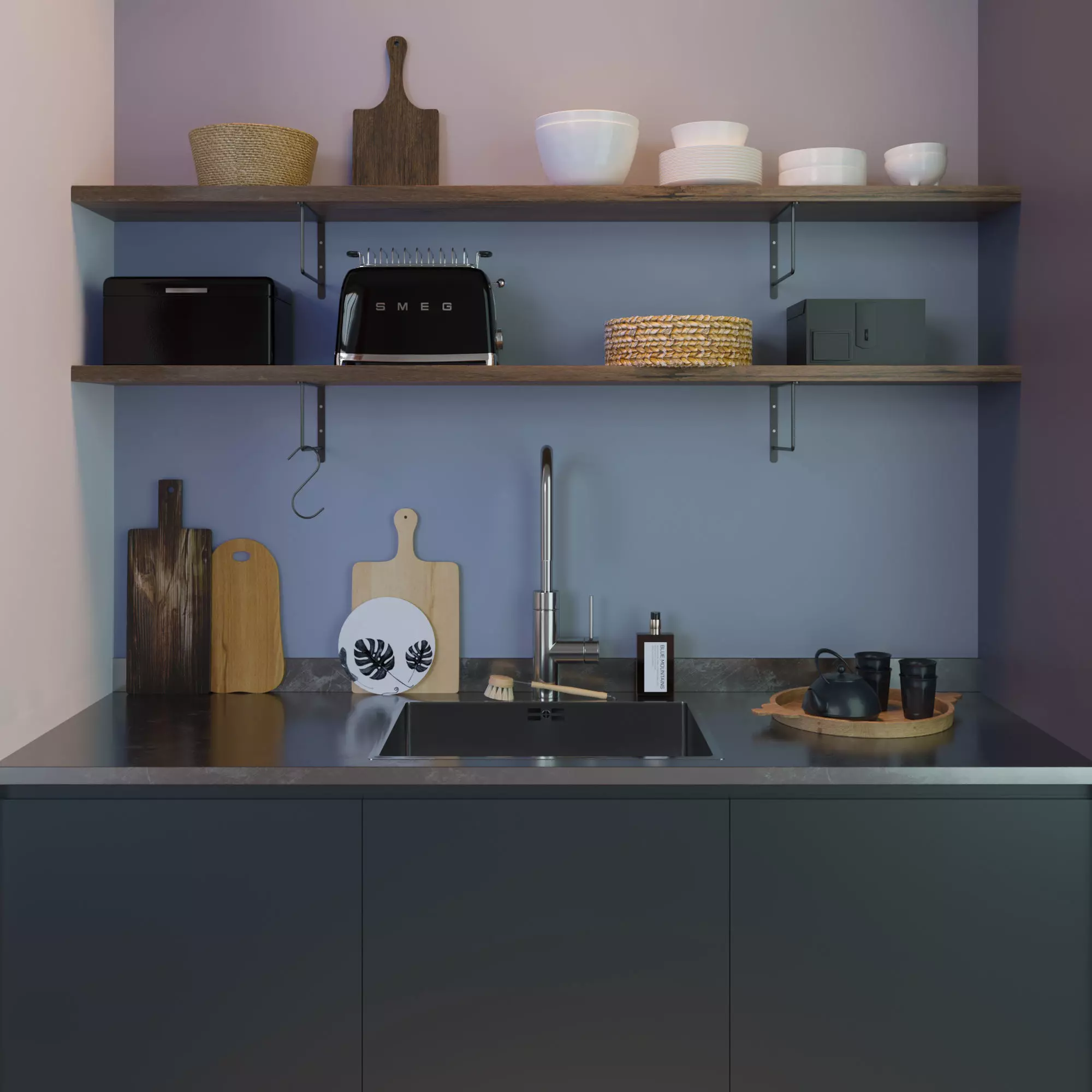 Kitchen set with shelves and sink 3D model_0