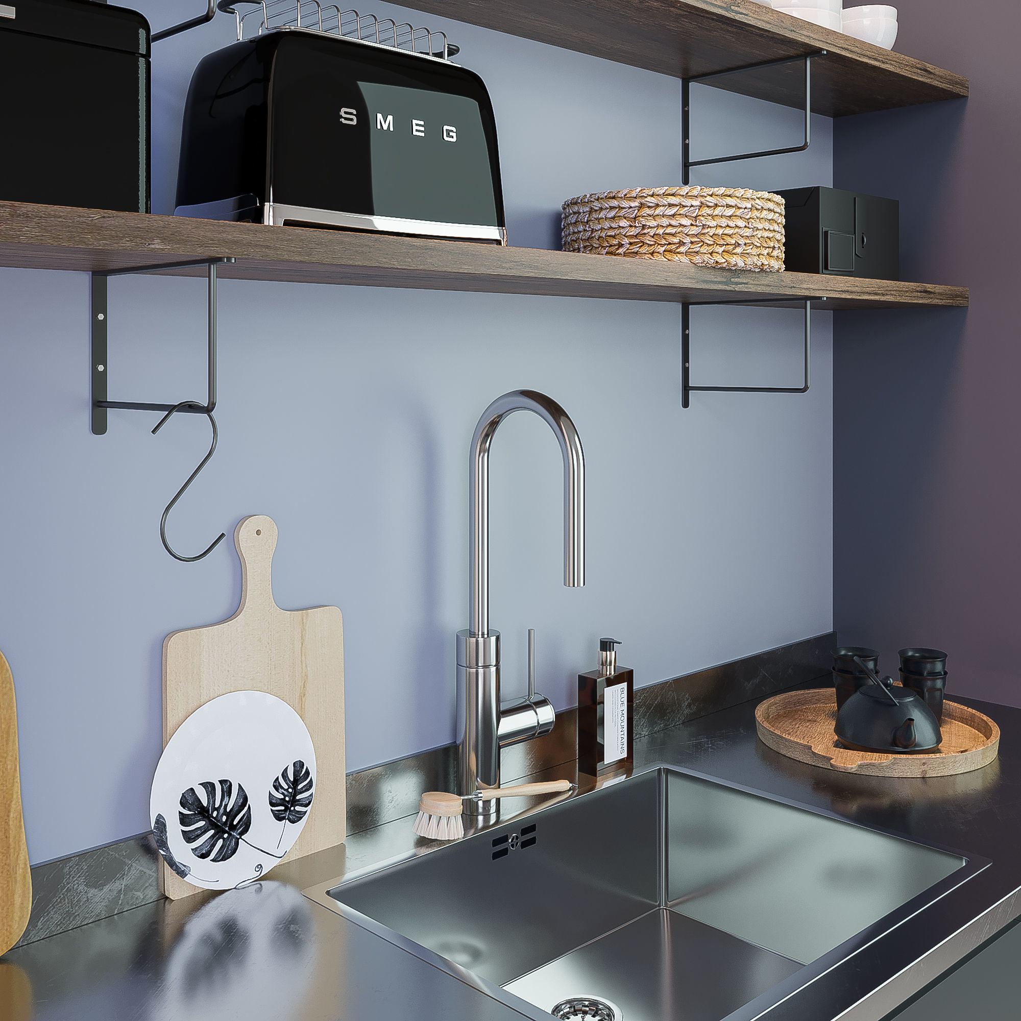 Kitchen set with shelves and sink 3D model_1
