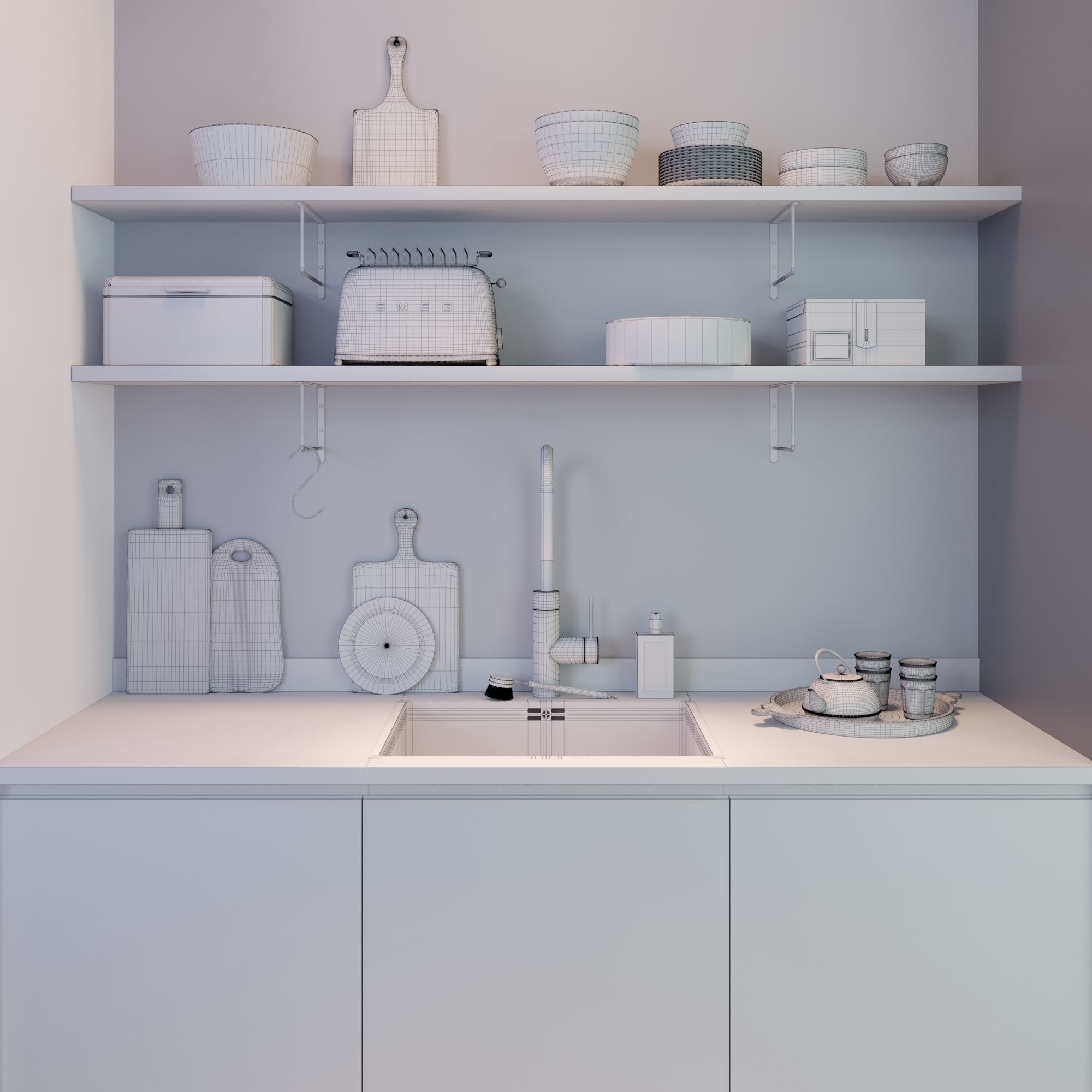 Kitchen set with shelves and sink 3D model_4