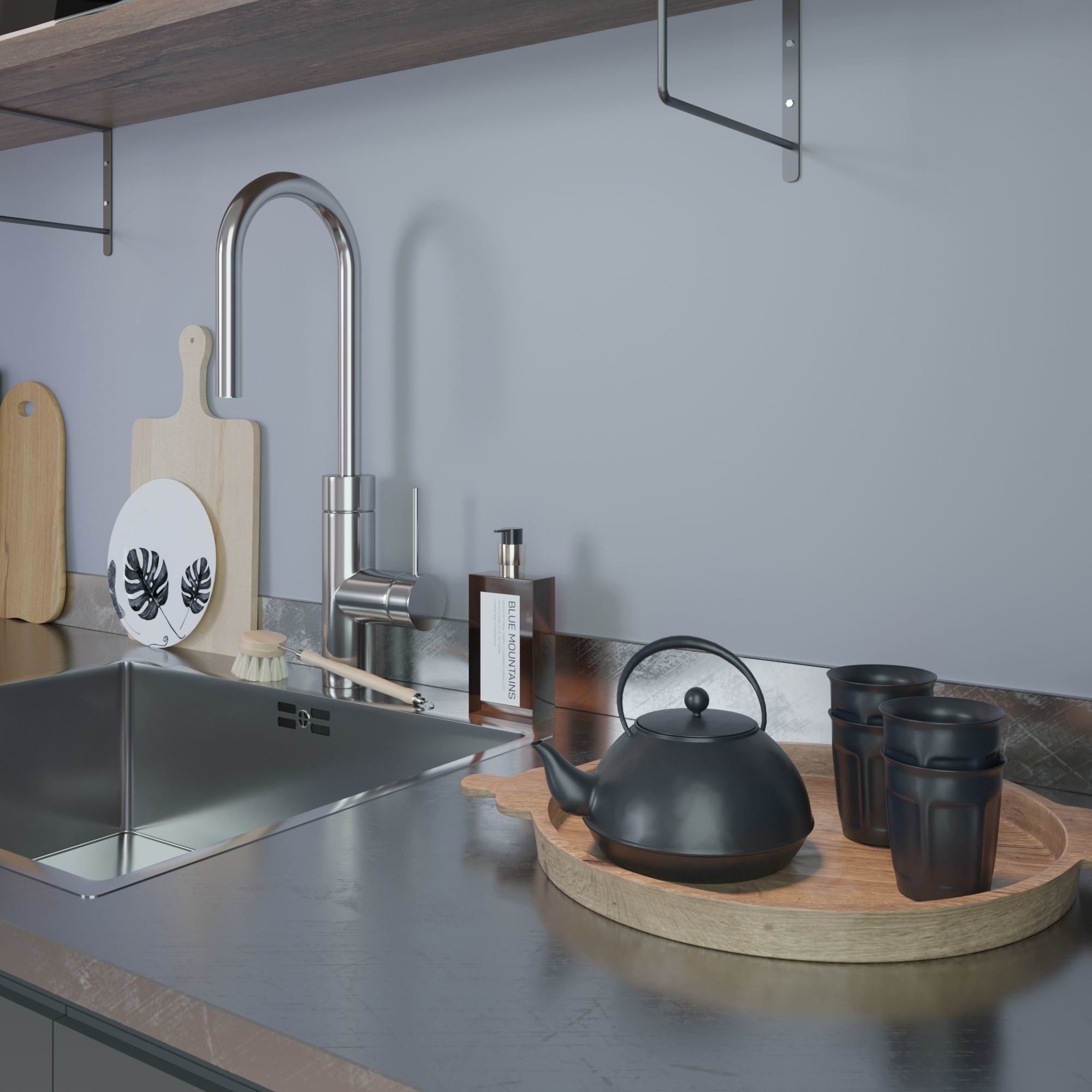 Kitchen set with shelves and sink 3D model_2
