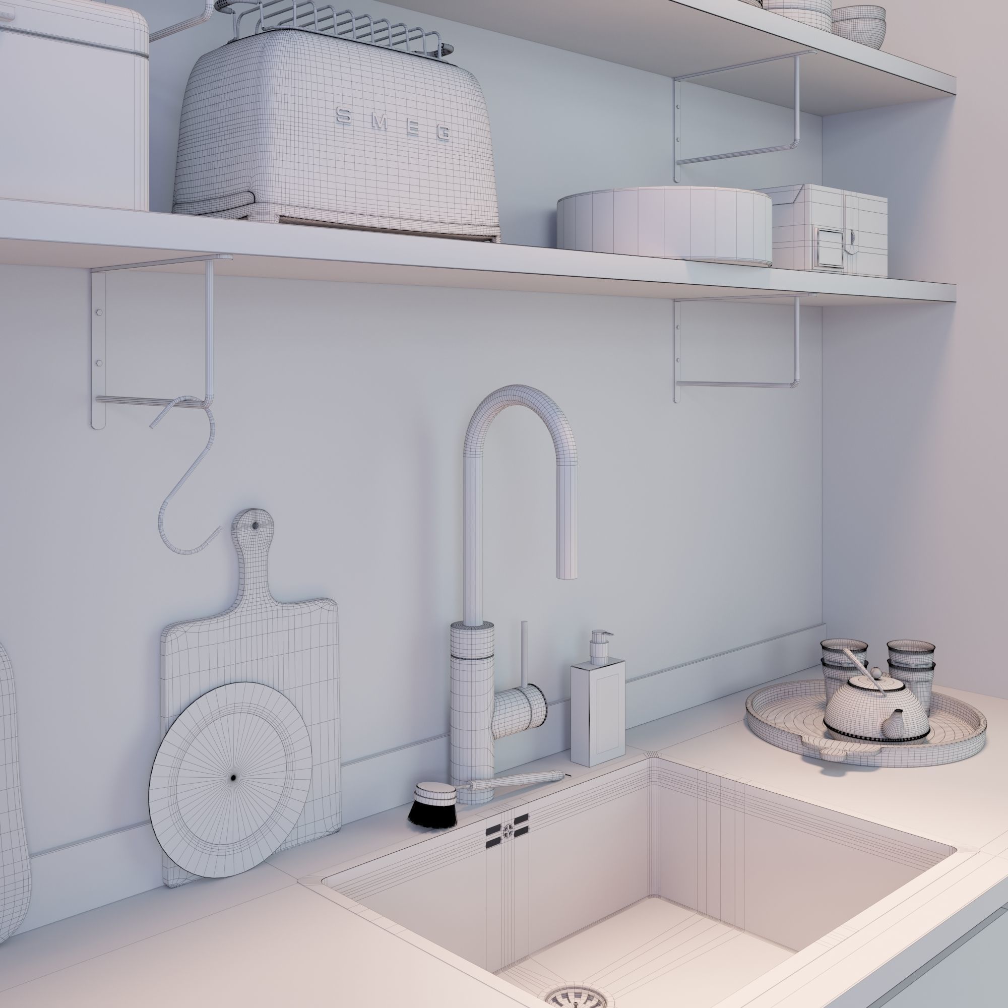 Kitchen set with shelves and sink 3D model_5