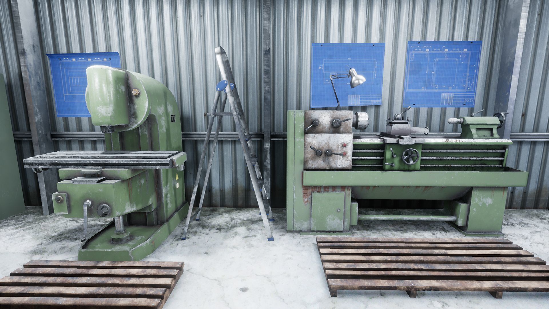 Workshop in metal building Low-poly 3D model_4