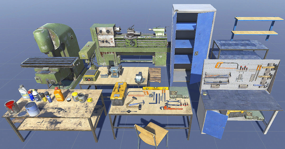 Workshop in metal building Low-poly 3D model_3
