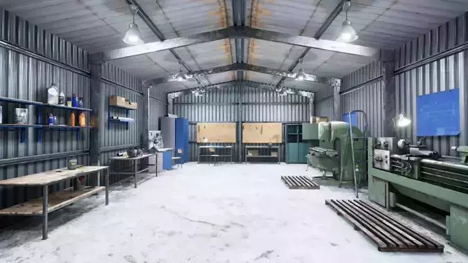 Workshop in metal building Low-poly 3D model
