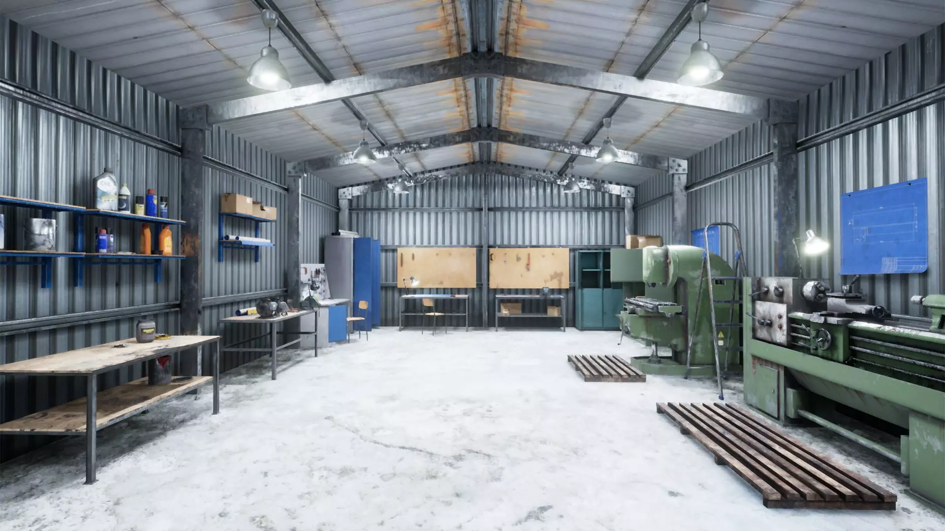 Workshop in metal building Low-poly 3D model_0