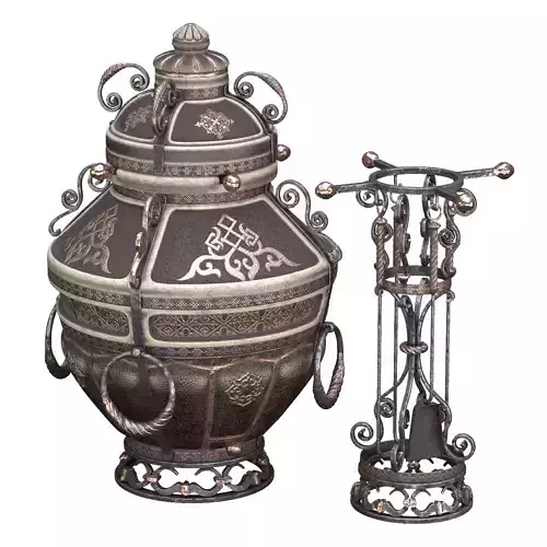 Tandoor ornate urn with fire in it 3D model