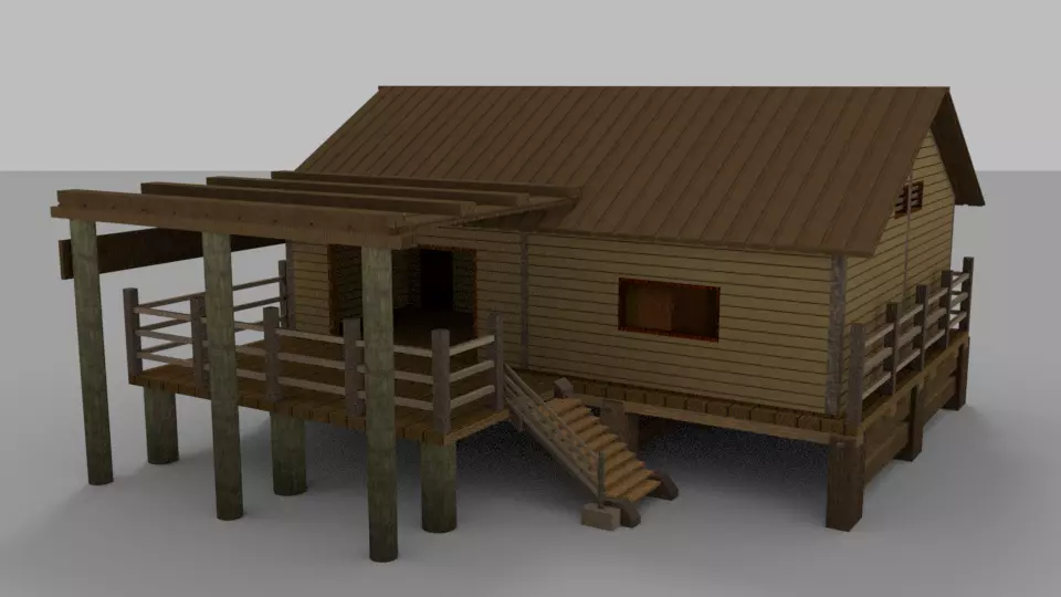 Wooden House With External Area Low-poly 3D model_0